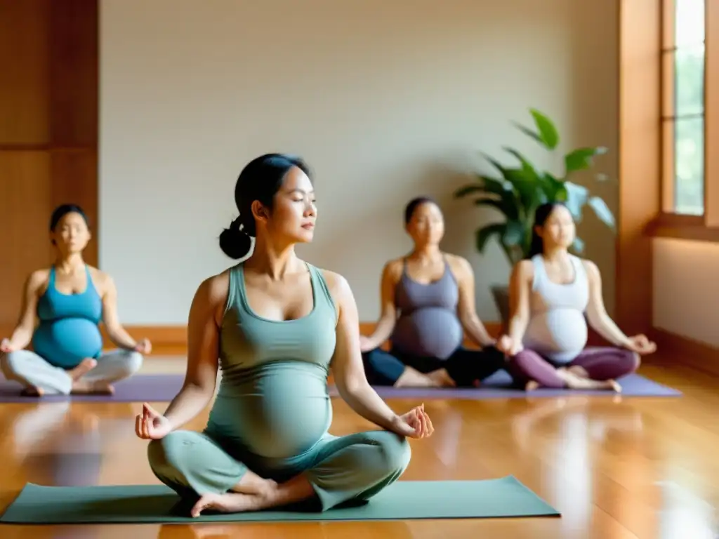 Un estudio de yoga prenatal sereno y acogedor, donde mujeres asiáticas practican yoga en un ambiente de calma y camaradería