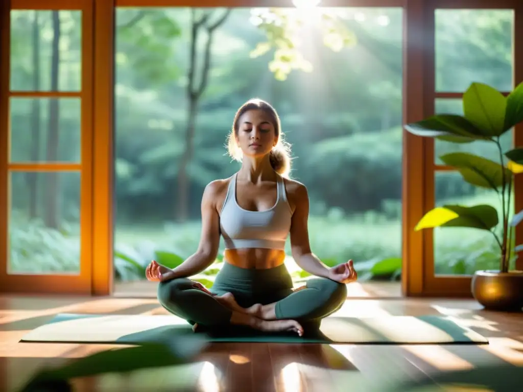 Practica de Pranayama en un estudio de yoga sereno, iluminado por una suave luz, con vista panorámica a un bosque verde exuberante