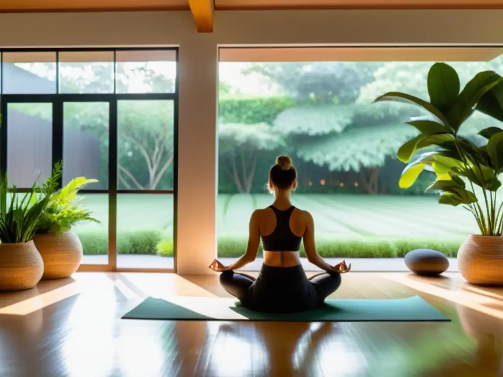 Un estudio de yoga sereno con luz natural, una persona en postura meditativa y un ambiente de paz y concentración