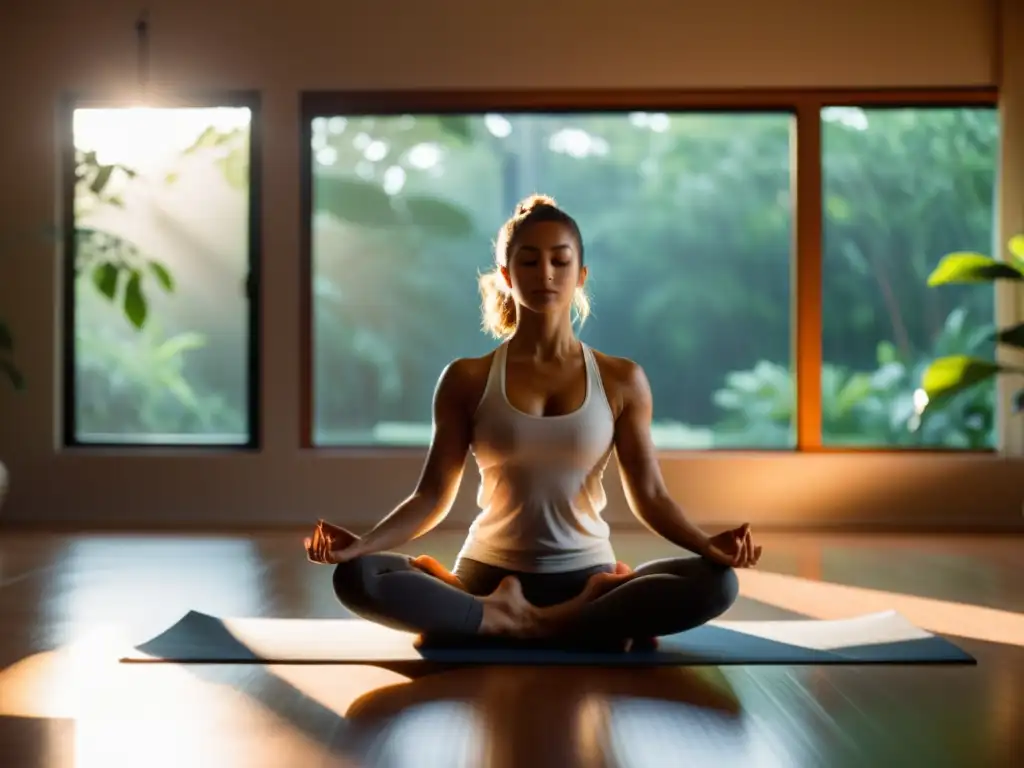 En un estudio de yoga sereno, una persona realiza una asana en equilibrio, envuelta en luz dorada