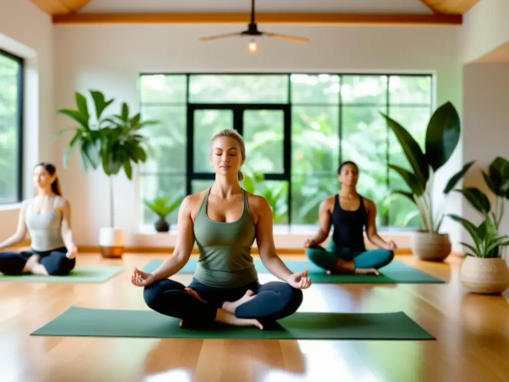 Un estudio de yoga sereno con personas en poses, mostrando atención plena a través del yoga