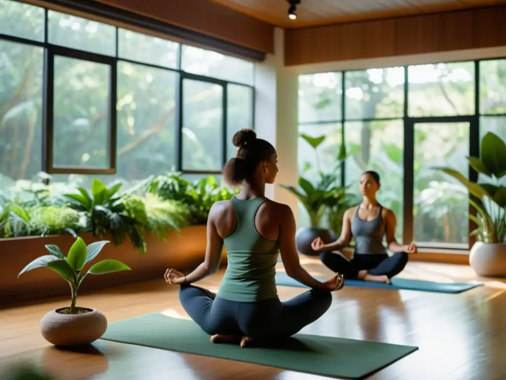 Estudio de yoga sereno con practicantes realizando equilibradas asanas, fusionando arte, equilibrio y energía en un ambiente tranquilo y armonioso