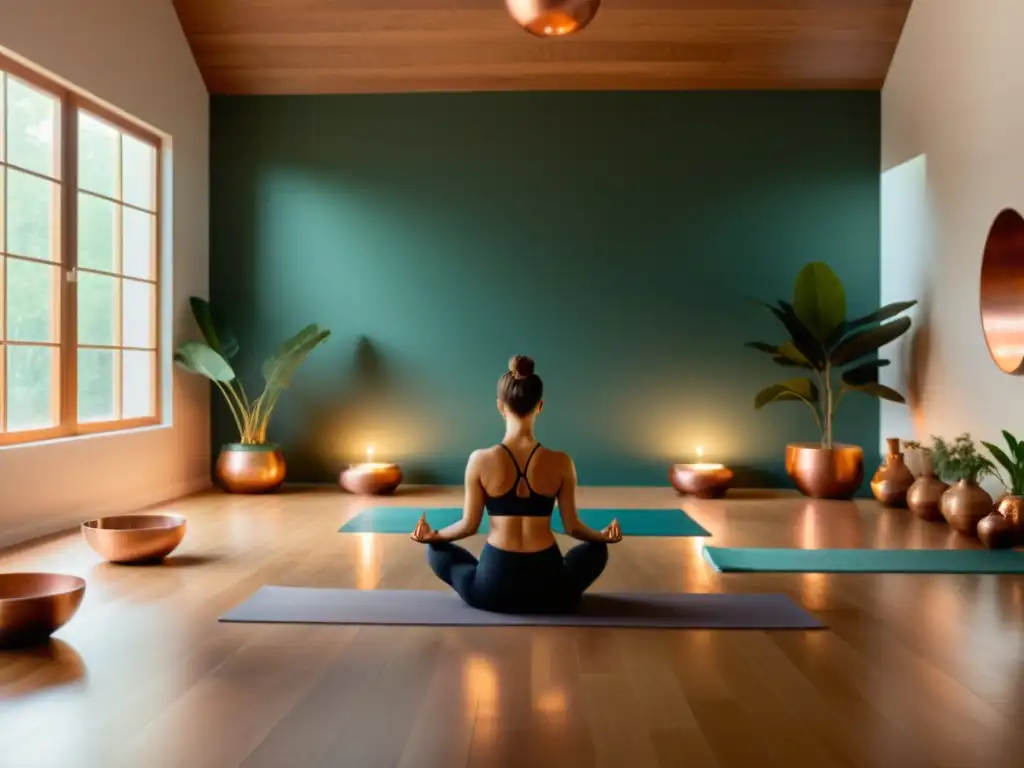 Un estudio de yoga sereno con prácticas de asanas, decoración minimalista y elementos de Ayurveda, reflejando la sanación holística en Ayurveda y Yoga