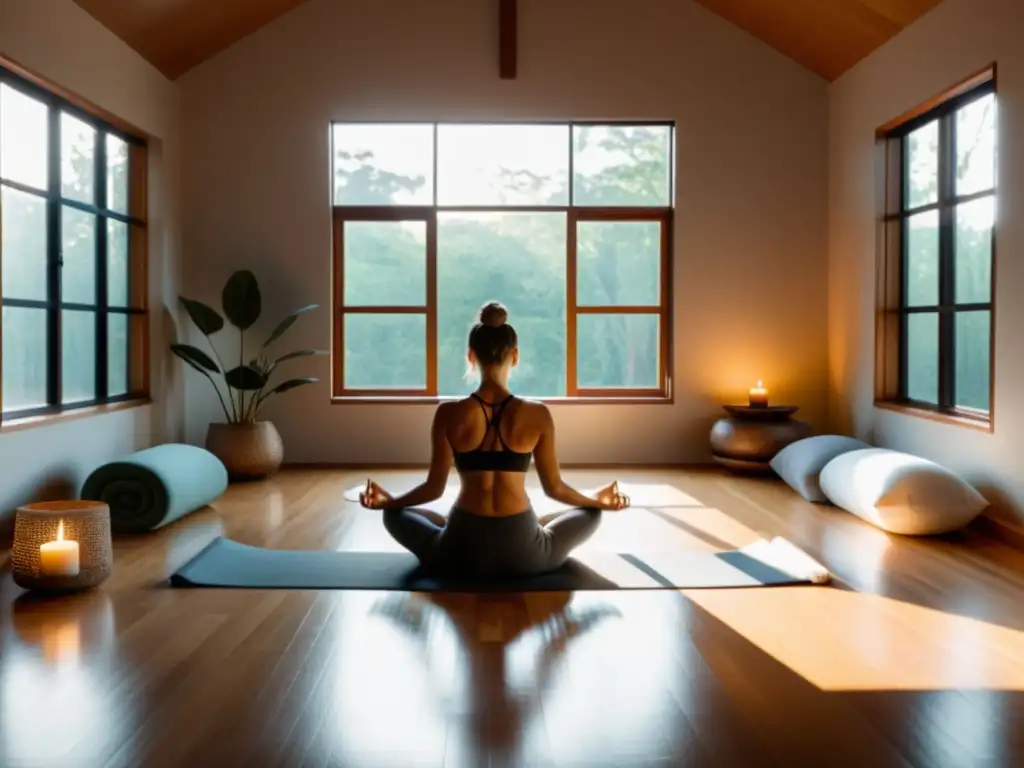 Un estudio de yoga sereno y tenue iluminado, con una persona en postura meditativa, rodeada de accesorios de yoga restaurativo para revitalizar cuerpo