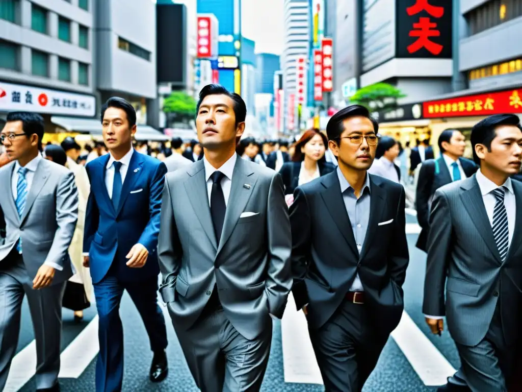 Ética del trabajo en Japón: Salarymen japoneses transitando con determinación en una concurrida calle de Tokio, entre rascacielos y letreros de neón