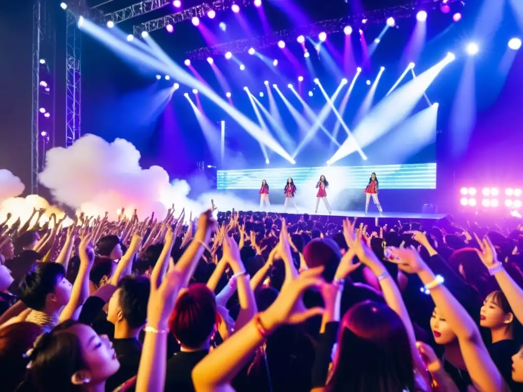 Euforia en concierto Kpop, fans con light sticks rodean a ídolos en vibrantes atuendos