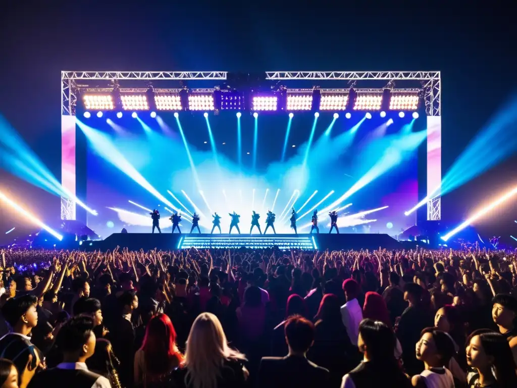 Una eufórica multitud en un concierto de KPop, con el escenario iluminado y fans agitando light sticks, capturando la energía del público