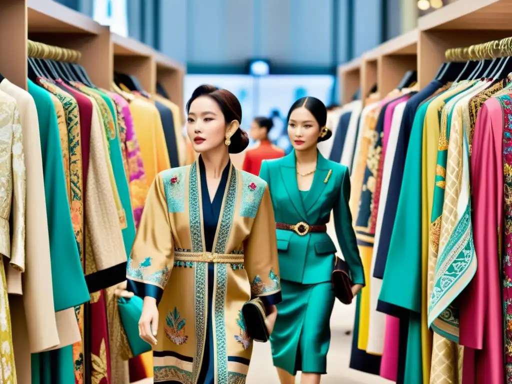 Evento de moda asiática lujosa con ropa elegante y colorida, reflejando el lujo conservador en la moda asiática