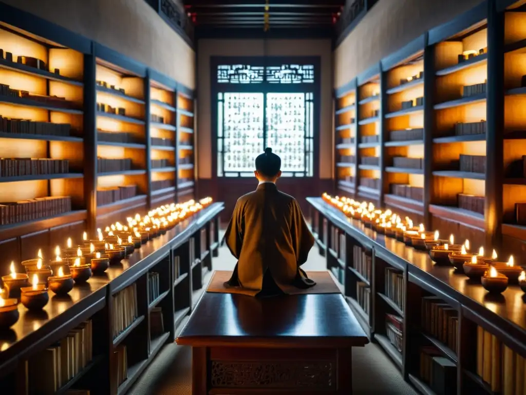 Examen Imperial: Antigua burocracia china en sala de estudio iluminada por lámparas de aceite, con eruditos y estantes de libros