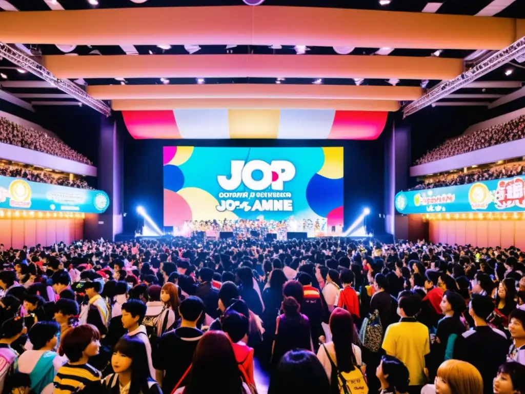 Éxito global del JPop: Convención llena de fans entusiastas, cosplay colorido, banners promocionales y actuación en vivo de grupo JPop