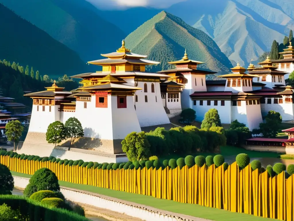 Experiencia cultural en Bhután: Detalles impresionantes del Punakha Dzong, rodeado de naturaleza exuberante y montañas imponentes