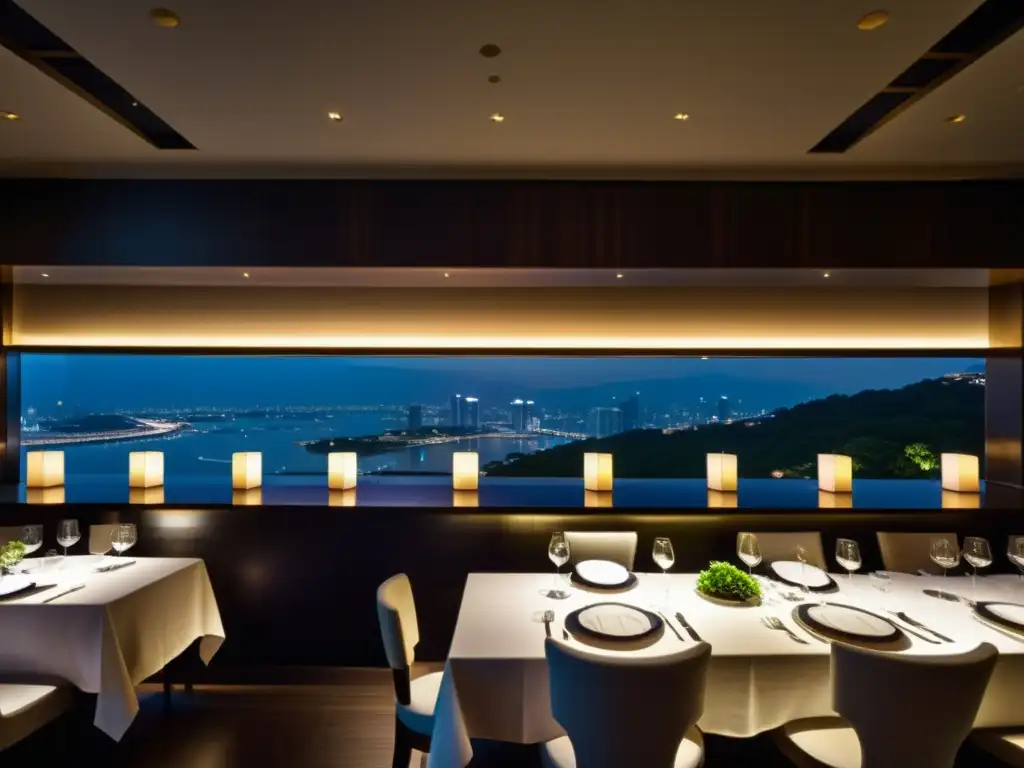 Exclusivo ambiente de alta cocina en Singapur Una experiencia gastronómica exclusiva en un restaurante con estrellas Michelin en Asia, con mesas elegantes, luz suave y chefs expertos