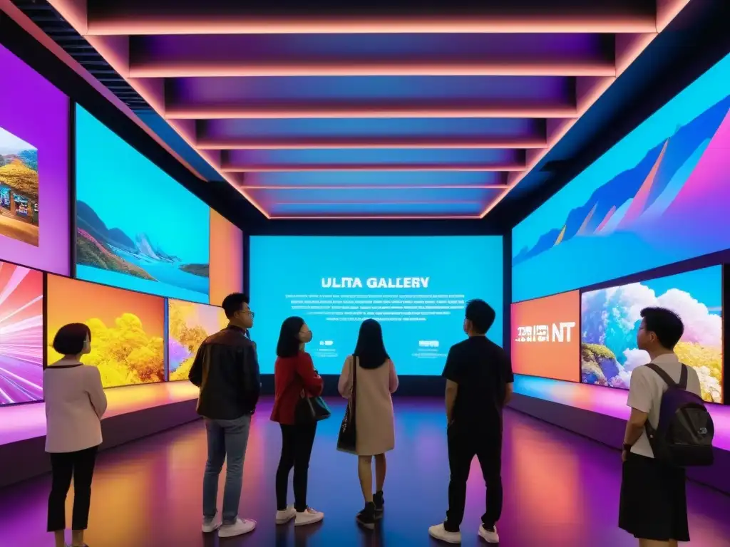 Experiencia inmersiva en galería de arte digital asiático NFTs colección con obras vibrantes en pantalla gigante y atmósfera innovadora