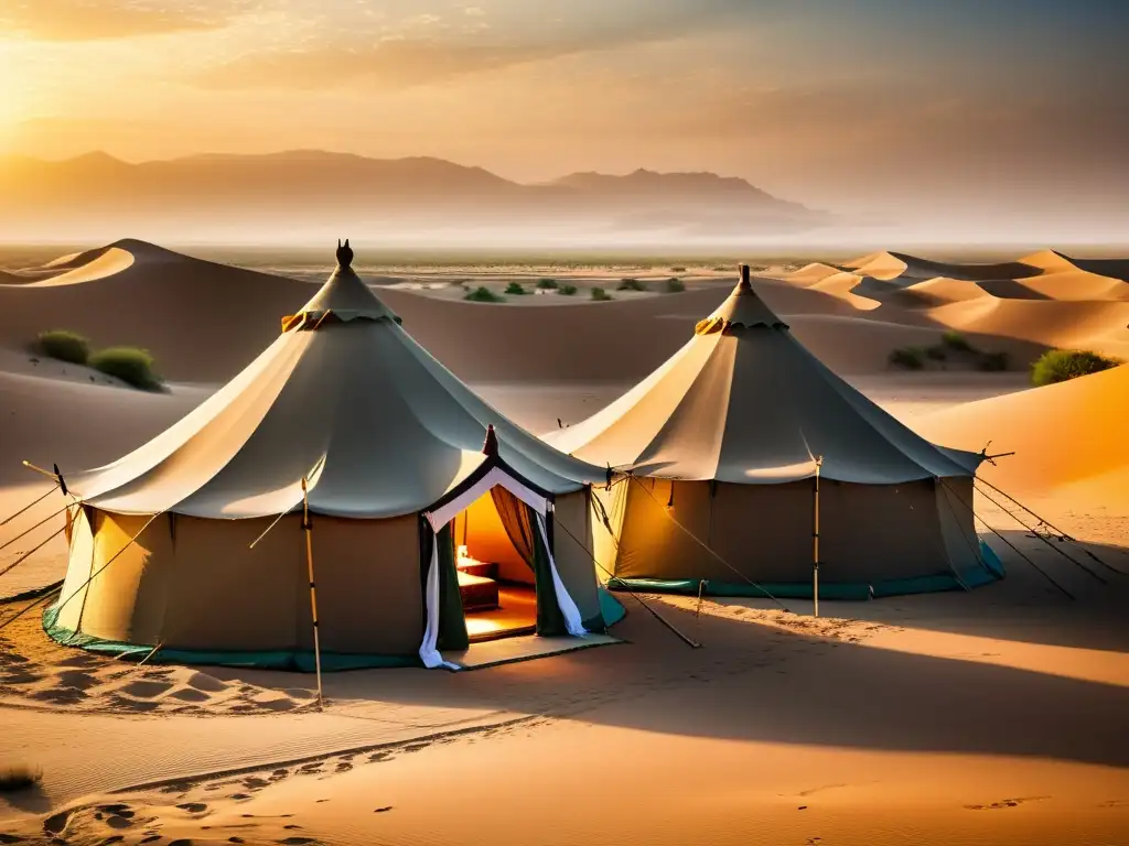 Experiencia de lujo en Dunhuang: campamento de lujo en el desierto con tiendas ornamentadas y diseño fusionado, bañado por cálida luz dorada