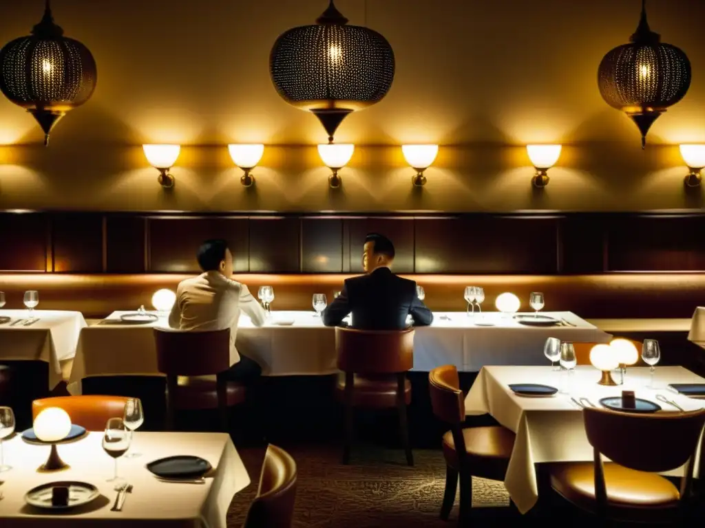 Experiencia cenar en restaurante Estrella Michelin en Asia: Ambiente elegante con mesas impecables, iluminación cálida y comensales disfrutando de exquisitas comidas