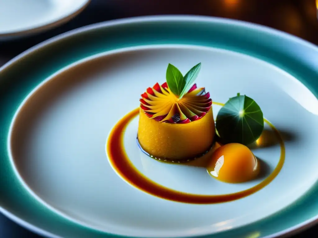 Experiencia cenar Restaurante Estrella Michelin Asia: Plato de autor con colores vibrantes y detalles precisos, en un ambiente elegante y sofisticado