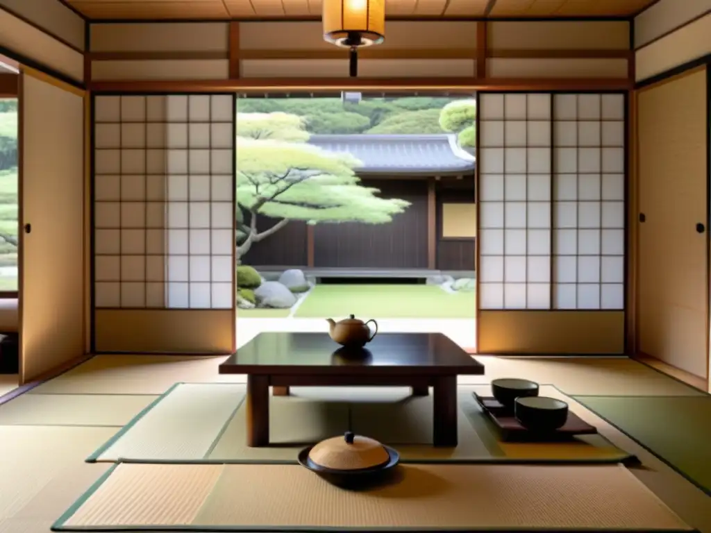 Experiencia Ryokan en Japón: Interior sereno de ryokan japonés con tatamis, puertas de papel, y un set de té tradicional, iluminado por luz natural