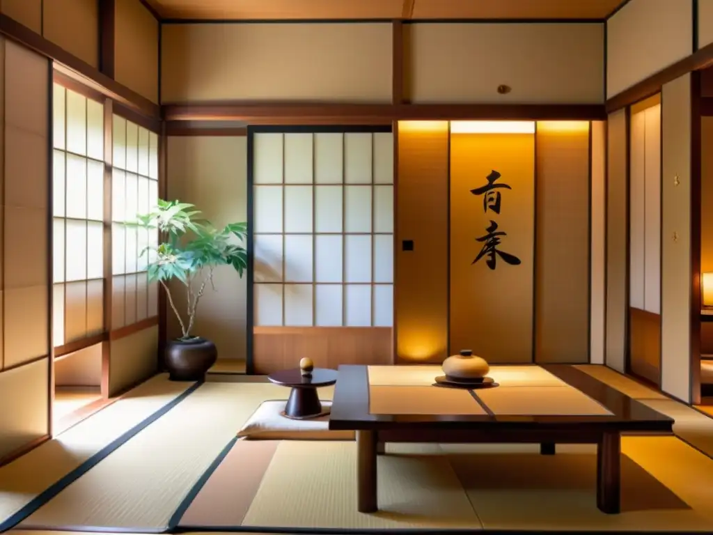 Experiencia Ryokan en Japón: Interior sereno con tatamis, puertas corredizas de papel, mesas bajas de madera y alcoba tokonoma con arreglos florales y caligrafía