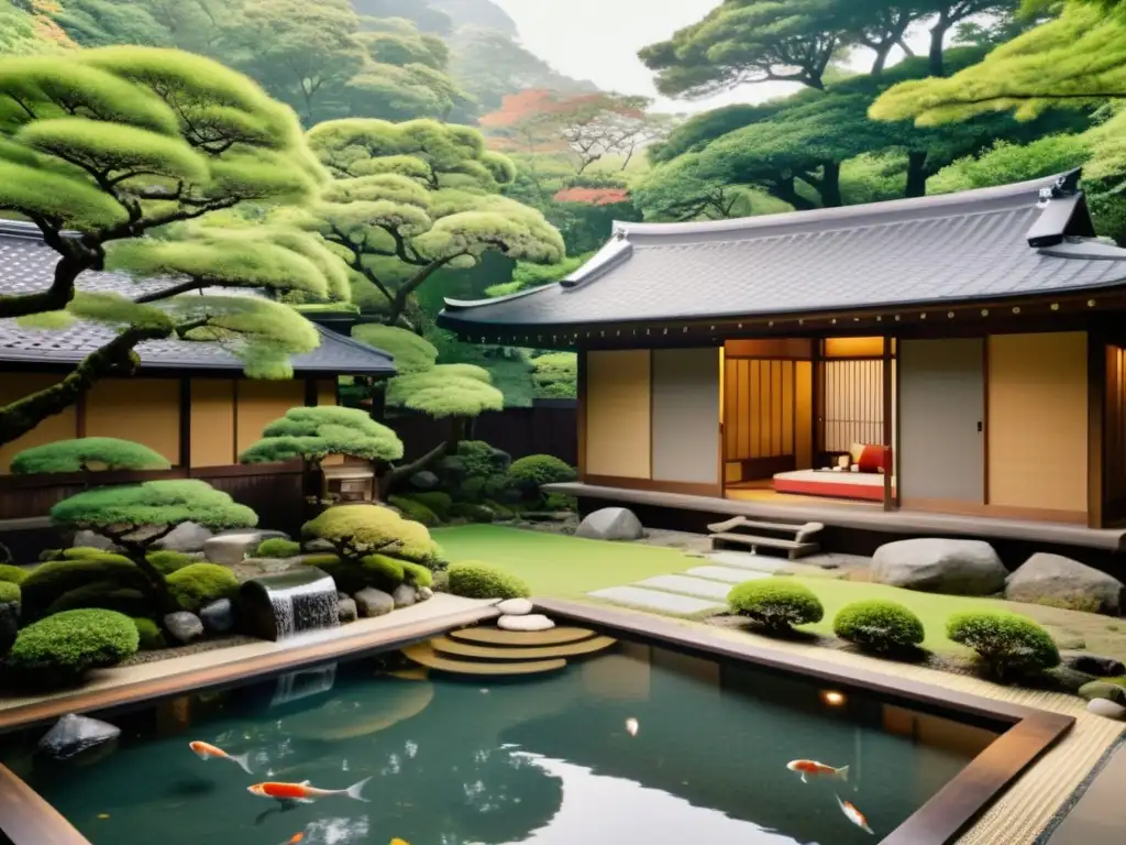 Experiencia Ryokan en Japón: Imagen documental de un ryokan japonés tradicional rodeado de exuberante naturaleza, con un toque de moderna elegancia
