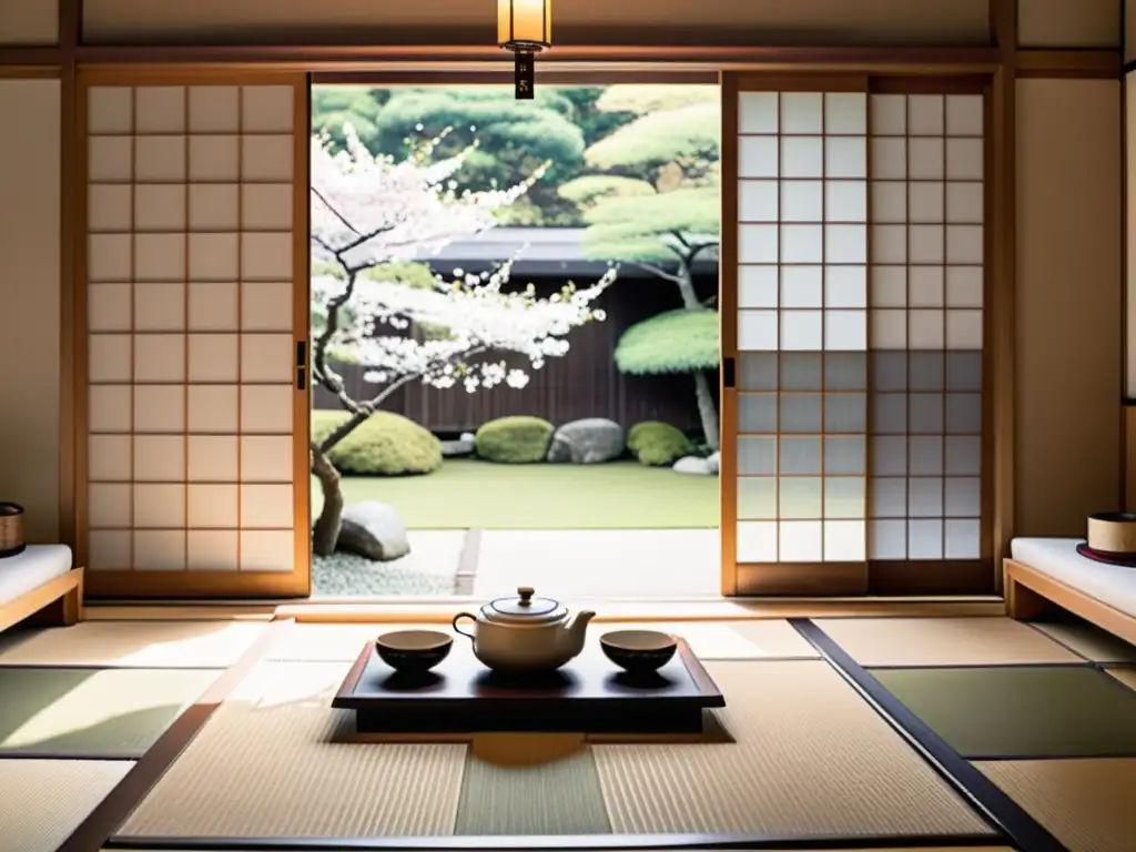 Experiencia Ryokan en Japón: una serena habitación tatami con puertas shoji, mesa baja con té y jardín japonés con cerezos en flor