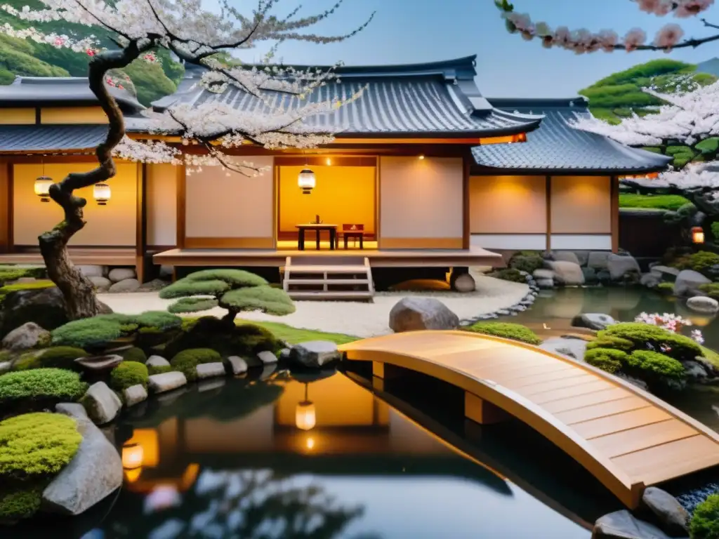 Experiencia Ryokan en Japón: Jardín japonés sereno con bonsáis, koi y geisha bailando bajo la luna
