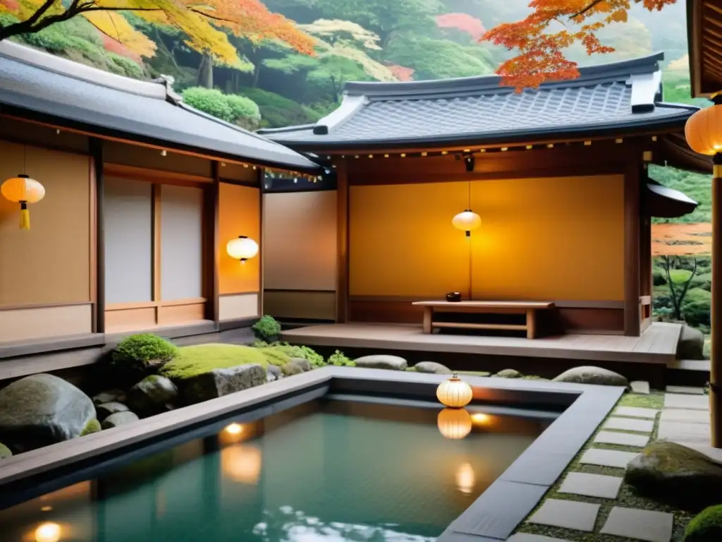 Experiencia Ryokan en Japón: Sereno ryokan japonés en las montañas, con aguas termales y jardines otoñales, envuelto en elegancia y tranquilidad