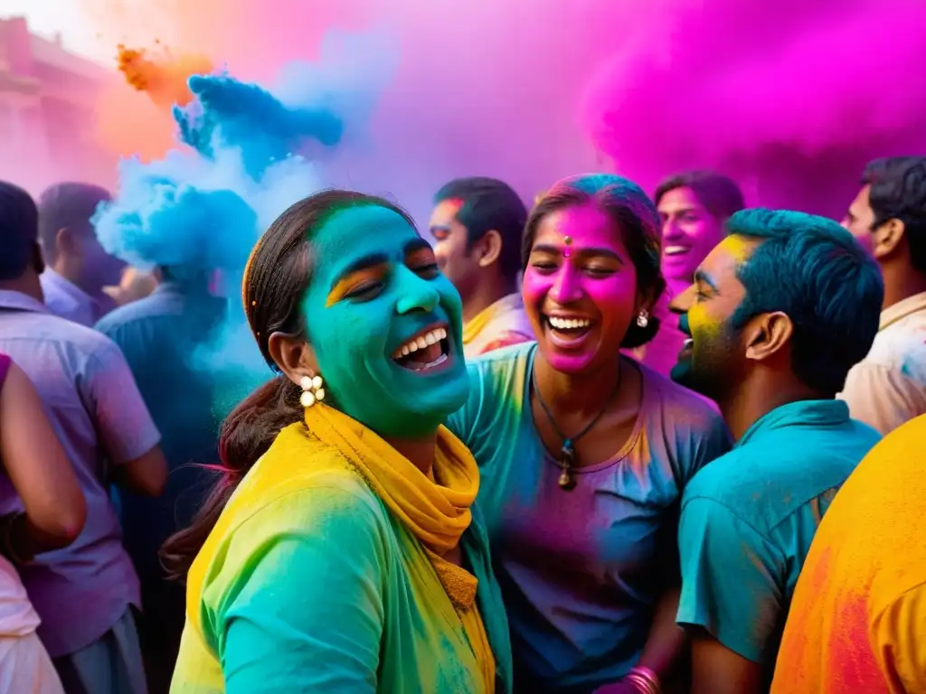 Experiencia única fiesta colores Holi: Grupo de personas cubiertas de polvos coloridos, riendo y bailando en el festival de Holi en India