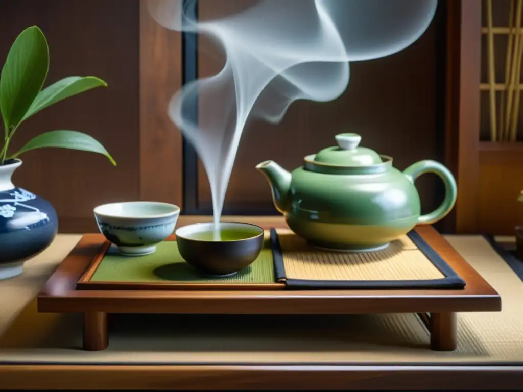 Experiencias gastronómicas lujo Tokio: Delicada ceremonia del té japonés en un elegante salón con luz suave y refinamiento cultural