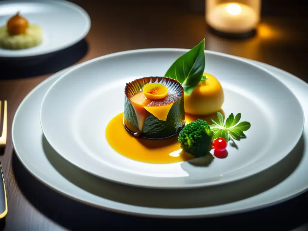 Experiencias gastronómicas de lujo en Tokio: exquisita comida en restaurante con estrella Michelin, platos detallados y ambiente sofisticado