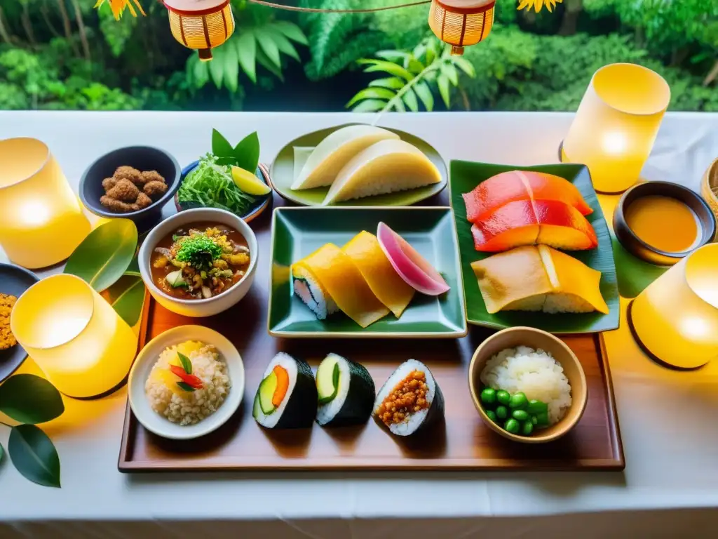 Experiencias gastronómicas en Okinawa: una festín tradicional Okinawense rodeado de exuberante vegetación y cálido resplandor de linternas