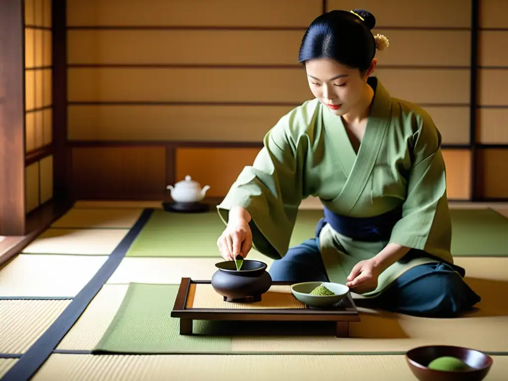 Experiencias de lujo en Kyoto: Ceremonia del té japonesa en una tranquila sala de tatami, con el maestro sirviendo matcha con gracia