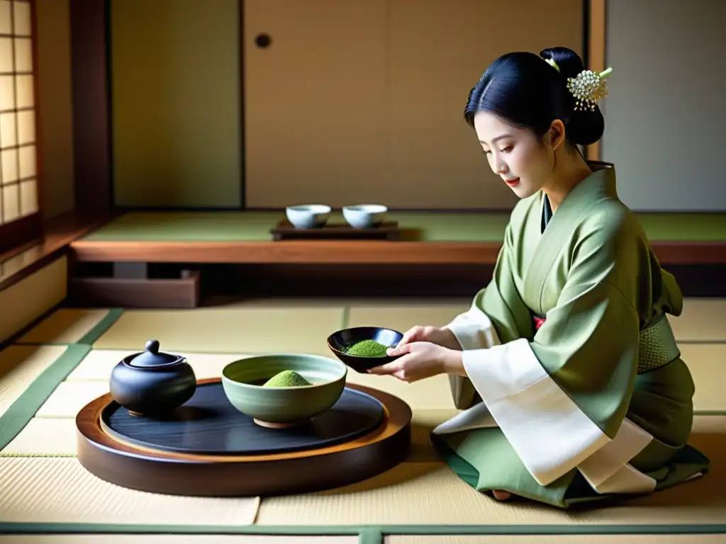 Experiencias de lujo en Kyoto: Ceremonia del té japonesa en una habitación serena con luz natural y detalle meticuloso