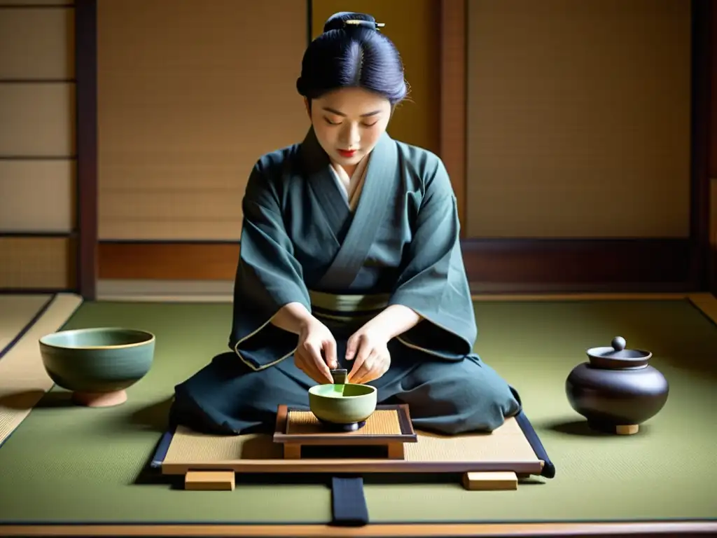 Experiencias de lujo en Kyoto: Ceremonia del té japonesa en una elegante habitación tatami, con maestro preparando matcha