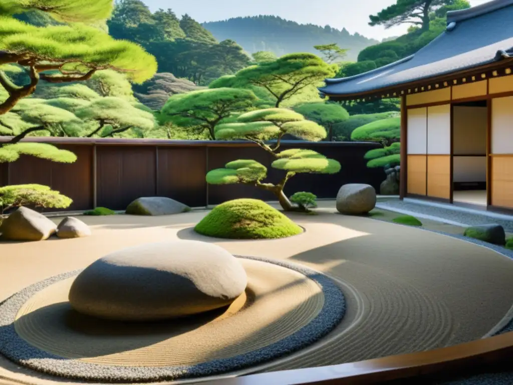 Experiencias de lujo en Kyoto: Jardín Zen sereno con cuidado paisajismo y templo majestuoso al fondo