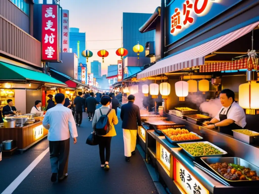 Experiencias lujosas comida callejera asiática: Calle bulliciosa en Tokyo, llena de puestos de comida y luces de neón