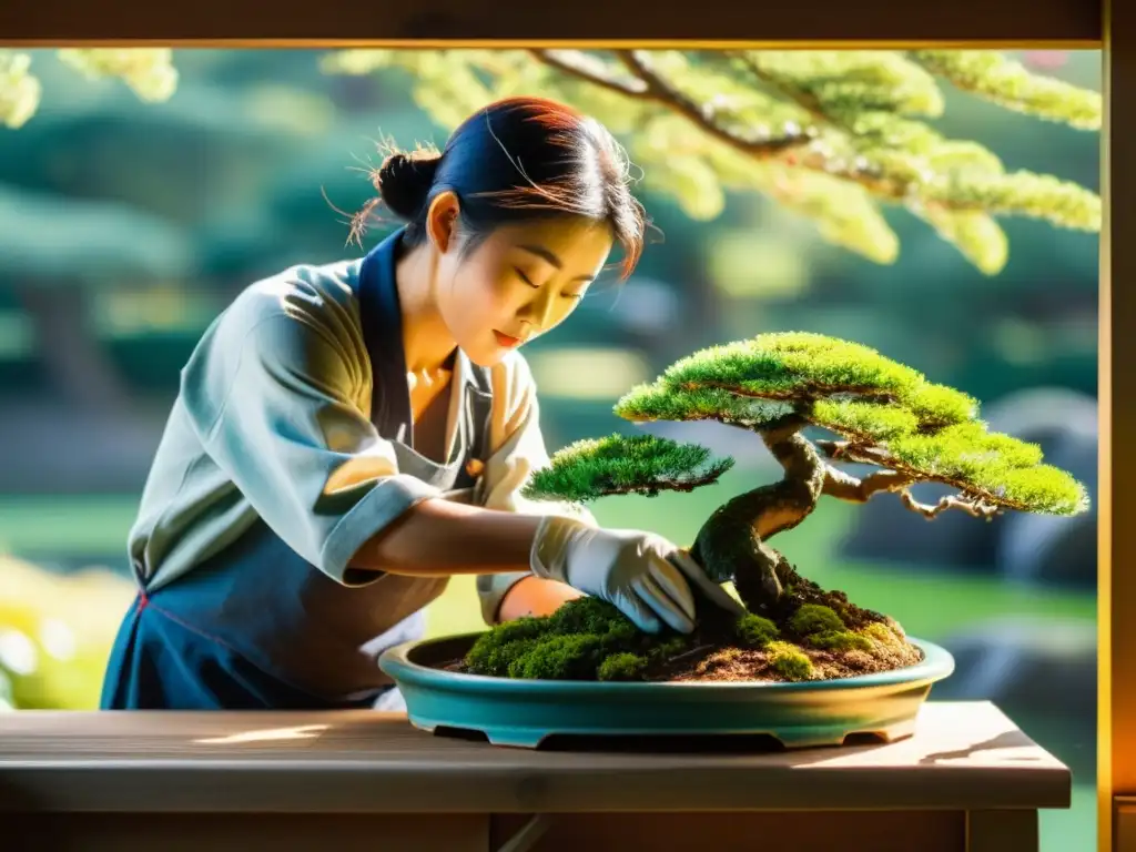 Un experimentado agricultor japonés podando con cuidado un bonsái, reflejando las técnicas tradicionales de poda japonesa