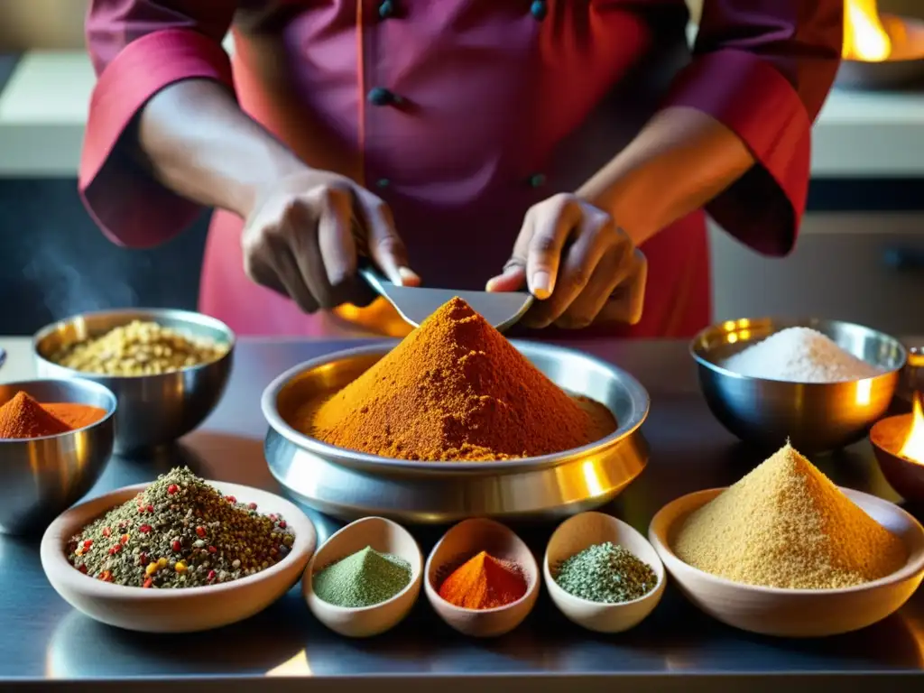 Un experimentado chef indio utilizando técnicas avanzadas de cocina india para mezclar una variedad de especias vibrantes en una cocina tradicional