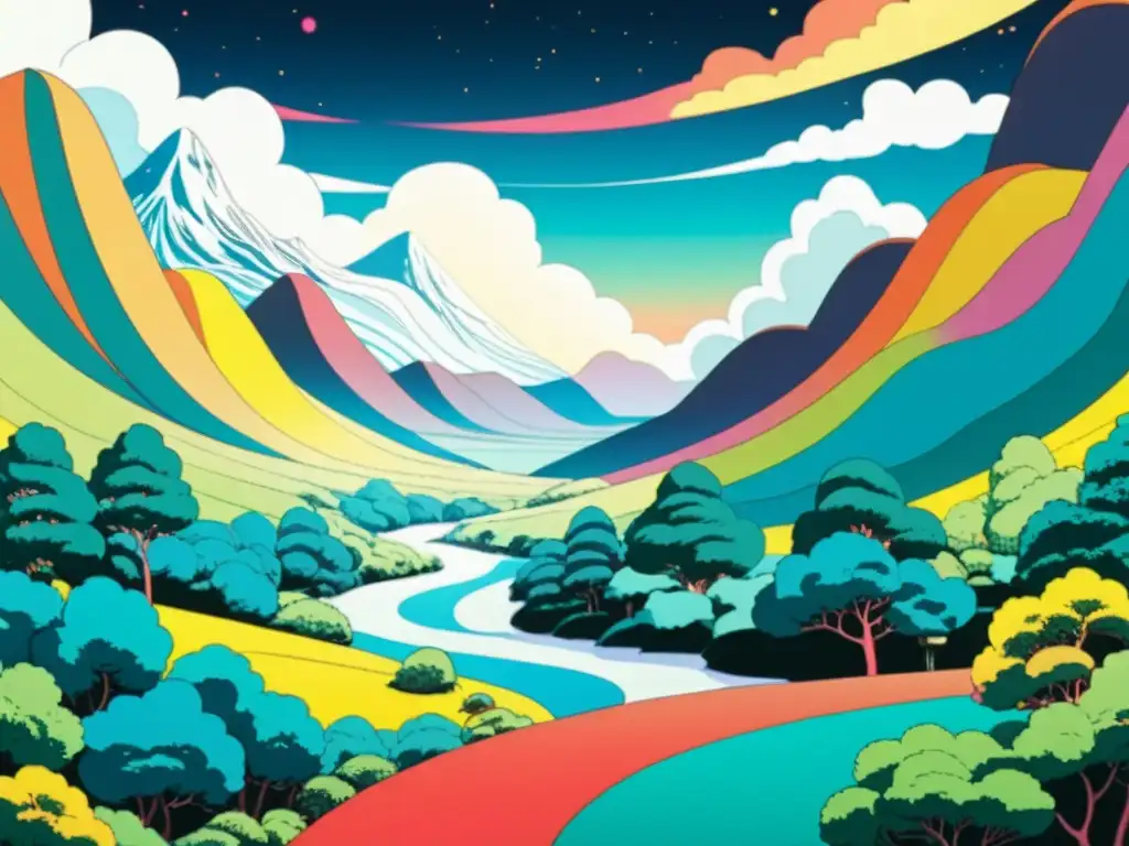 Animación experimental en el anime: Detalle de cel de animación dibujado a mano con paisaje surrealista y colores vibrantes