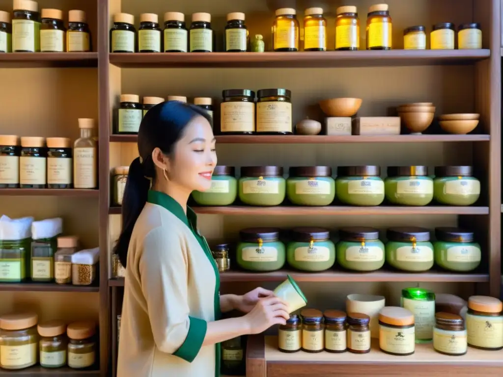 Apothecary asiático: sabiduría natural y belleza Una experta en hierbas selecciona ingredientes naturales en una botica asiática