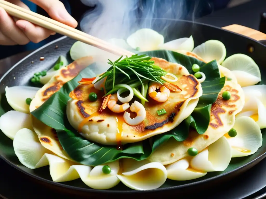 Experta preparación de una torta de mariscos coreana auténtica en un animado mercado callejero