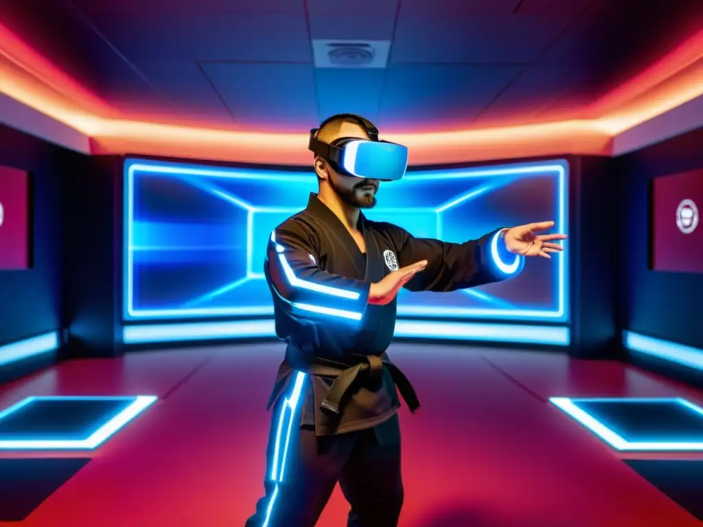 Un experto en artes marciales en realidad virtual demuestra movimientos precisos en un dojo futurista iluminado en tonos azules