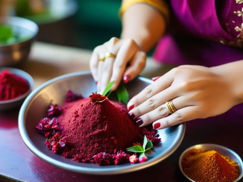 Un experto artesano asiático extrae tinte rojo de flores de hibisco, mostrando la habilidad en tintes naturales para cabello asiático