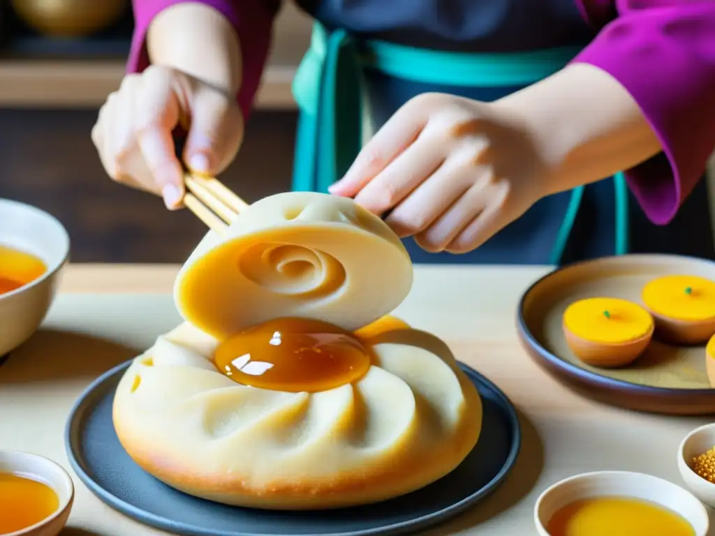 Un experto artesano coreano da forma a la galleta tradicional coreana Yakgwa con destreza, mientras la miel dorada hierve al fondo