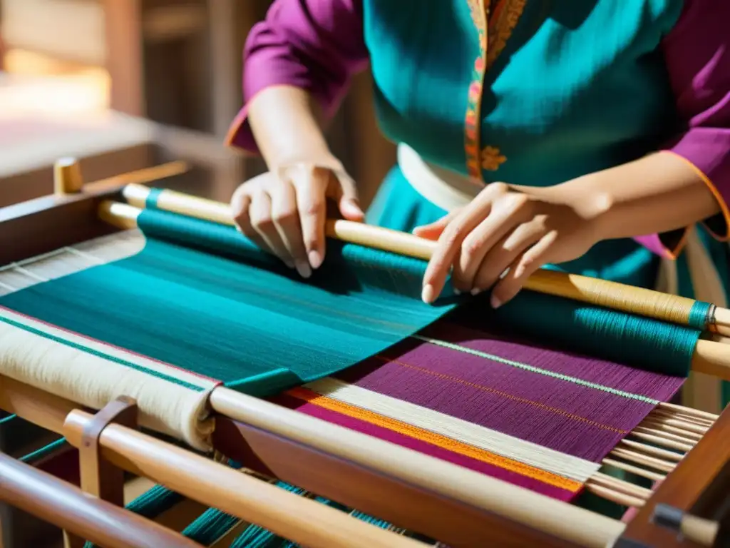 Un experto artesano teje con destreza un vibrante textil sostenible en un telar tradicional, destacando la moda asiática diseño innovador sostenible