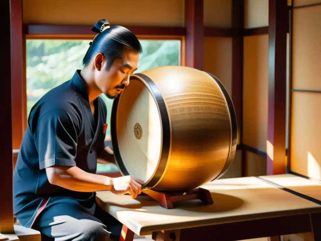 Un experto artesano da forma a un tambor taiko tradicional japonés, destacando la construcción y significado de los tambores taiko