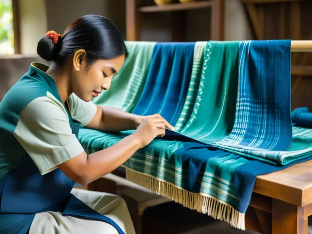 Un experto artesano revive el Shibori y Batik con patrones vibrantes en telas, mostrando precisión y pasión en su taller