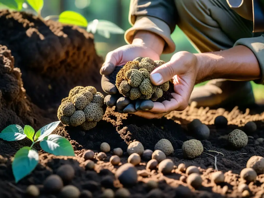 Un experto buscador de trufas desentierra un raro tesoro entre las raíces de un árbol en las exuberantes expediciones de lujo trufas asiáticas