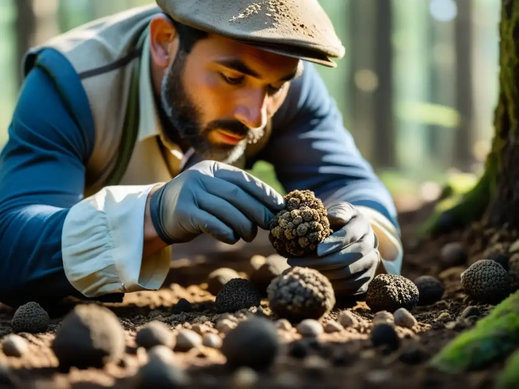 Un experto cazador de trufas desentierra con destreza una preciada trufa negra en el bosque