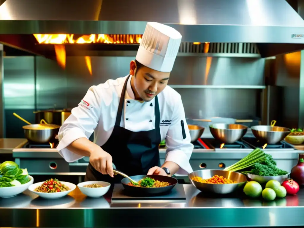 Un experto chef en una cocina abierta, fusionando ingredientes asiáticos y técnicas occidentales