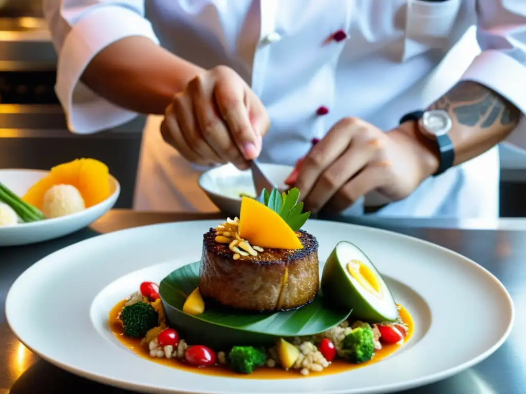 Un experto chef filipino prepara con maestría un plato tradicional, resaltando la atención a los detalles y colores en la cocina asiática